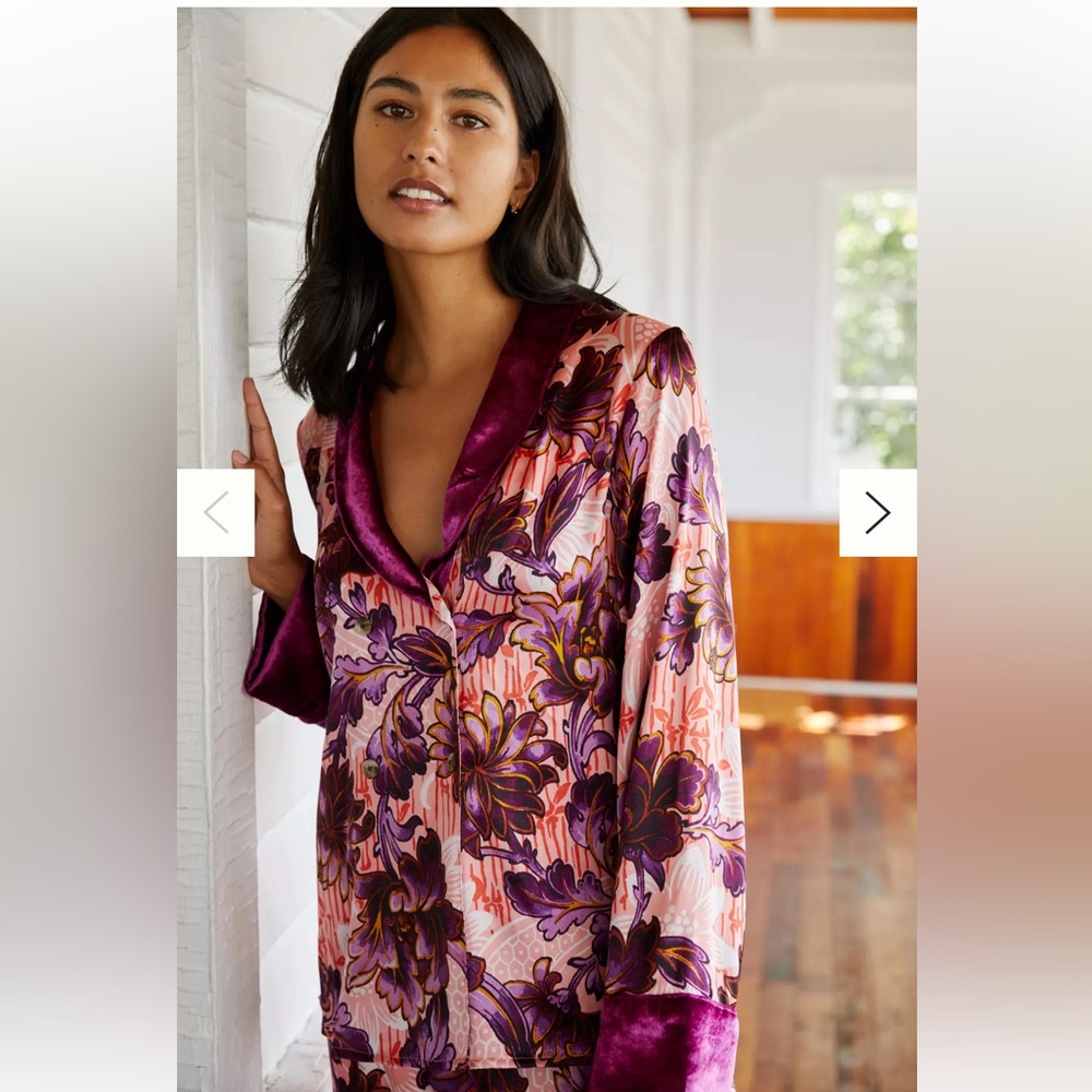 Anthropologie Floral Velvet-Trim Pajama Top in Pink & Purple
